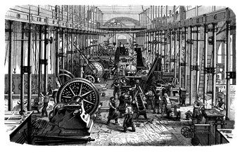 A large factory hall from the Industrial Revolution, filled with many machines and workers performing various tasks.