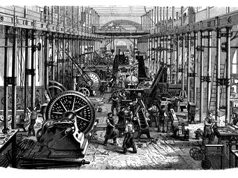 Große Werkshalle aus der industriellen Revolution mit vielen Maschinen und Arbeitern, die verschiedene Tätigkeiten ausführen.