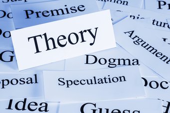 Several white pieces of paper with English terms such as “Theory,” “Speculation,” “Dogma,” and “Argument” are scattered across a surface.