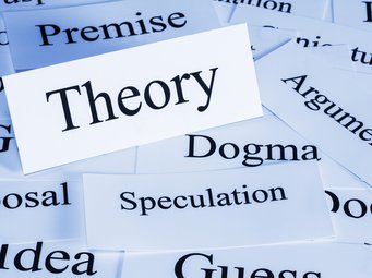 Mehrere weiße Zettel mit englischen Begriffen wie „Theory“, „Speculation“, „Dogma“ und „Argument“ liegen verstreut auf einer Oberfläche.