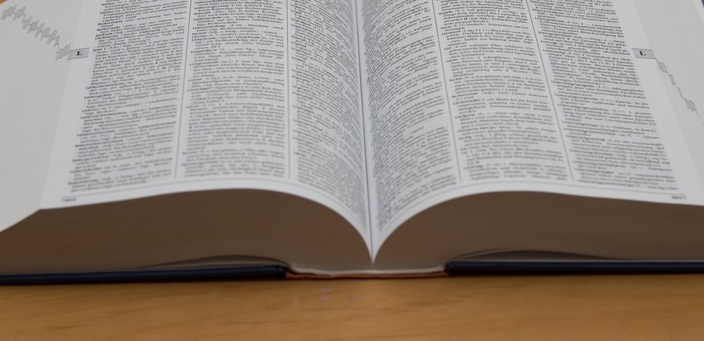 Nahaufnahme eines aufgeschlagenen Lexikons mit Text in mehreren Spalten, platziert auf einem Holztisch.