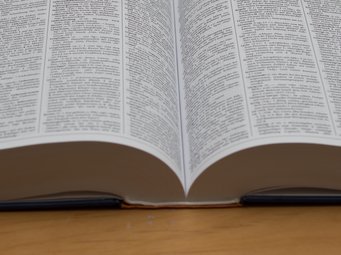 Nahaufnahme eines aufgeschlagenen Lexikons mit Text in mehreren Spalten, platziert auf einem Holztisch.