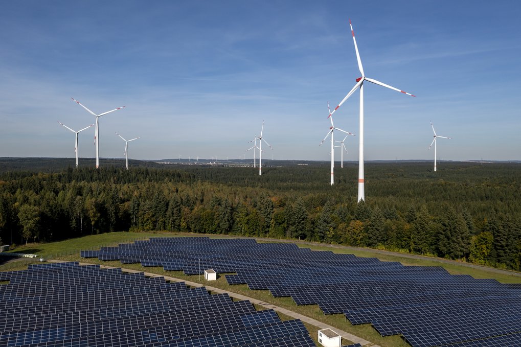 Eine ausgedehnte Waldlandschaft mit zahlreichen Windrädern ist zu erkennen.