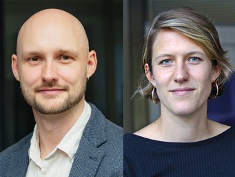 Nahaufnahmen von zwei Personen vor neutralem Hintergrund, links ein Mann mit Glatze und Bart in weißem Hemd und grauem Sakko, rechts eine Frau mit kurzen blonden Haaren und goldenen Creolen.