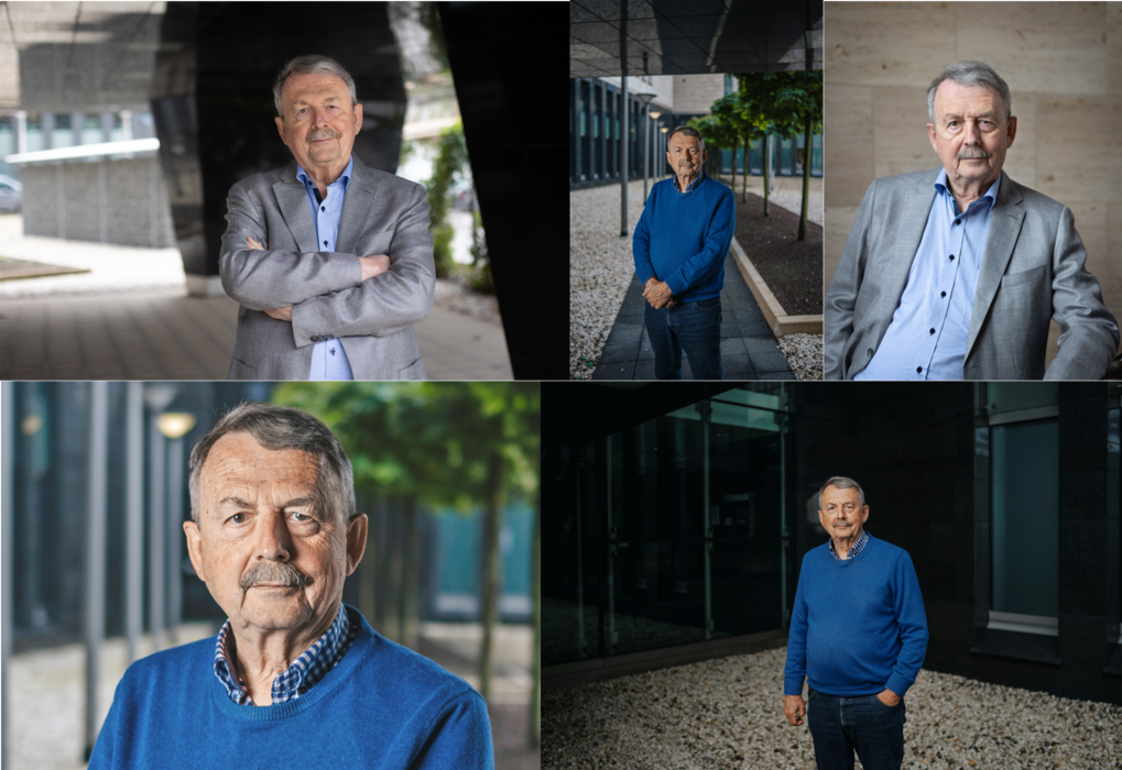 Fünf Porträtfotos eines älteren Mannes, Wolfgang Streeck, der sowohl formell als auch leger gekleidet ist, aufgenommen an verschiedenen Außen- und Innenorten mit modernem architektonischem Umfeld.