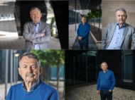 Fünf Porträtfotos eines älteren Mannes, Wolfgang Streeck, der sowohl formell als auch leger gekleidet ist, aufgenommen an verschiedenen Außen- und Innenorten mit modernem architektonischem Umfeld.