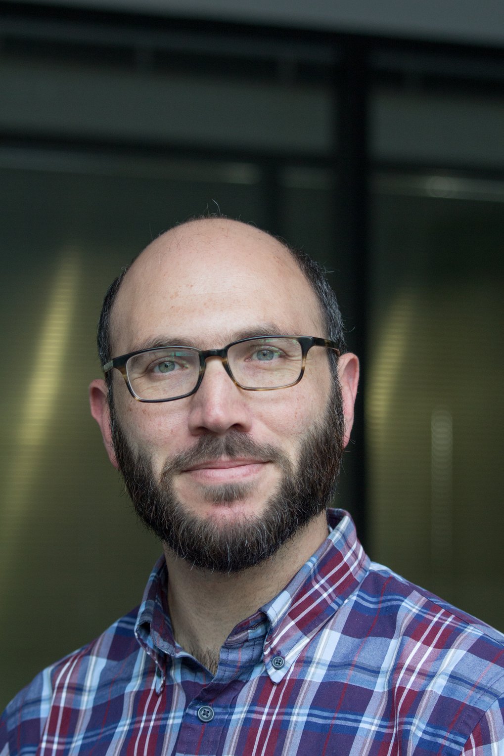 Person dressed in a red and blue plaid shirt, positioned indoors with a green background featuring vertical lines and soft lighting.