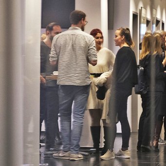 Das Bildmotiv zeigt mehrere Exemplare der Gattung Homo sapiens intellectualis stehend zu einer informellen Runde im Eingangsbereich des Instituts versammelt. Links im Bild ist ein Vorhang zu vermuten, der Blick auf die Runde wird durch spiegelhafte Verzerrungen etwas getrübt und lässt die Individuen teils leicht verschwommen erscheinen.