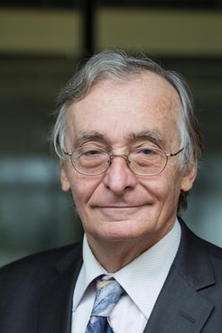 Graue Haare, eleganter Anzug mit weißem Hemd und farbiger Krawatte vor einem unscharfen Hintergrund mit Glasfenstern.