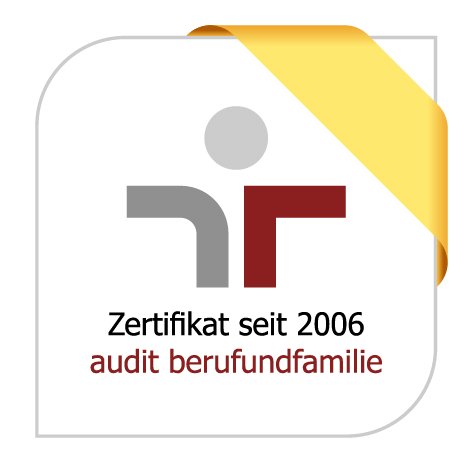 Zertifikat seit 2006 für audit berufundfamilie, graues und rotes Symbol, gelbe Ecke oben rechts.