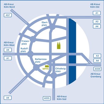 Vereinfachte Karte von Köln mit einzelnen Hauptverkehrsstraßen und Plätzen.