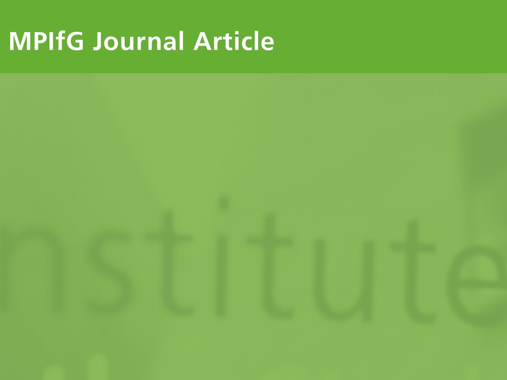 MPIfG Journal Artikel auf grünem Hintergrund mit verschwommenen Buchstaben des Wortes „institute“ im unteren Bereich.