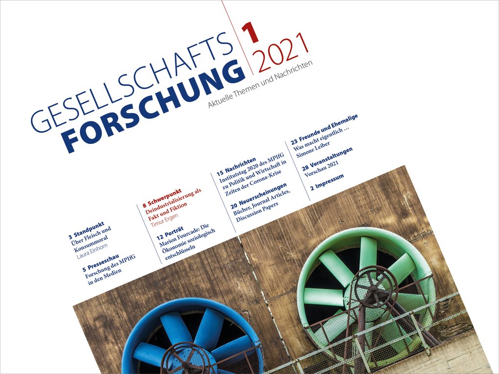 Magazine cover titled "Gesellschaftsforschung 2021," featuring large ventilation fans and topics such as news, portraits, and upcoming events.