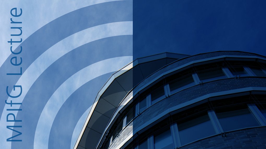 Ein abstraktes Bild, das die geschwungene Fassade eines Gebäudes vor blauem Himmel zeigt, mit dem Text „MPIfG Lecture“ und Schallwellenmustern im Hintergrund.