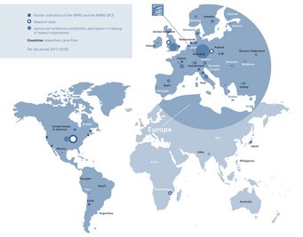 World map illustrating partner institutions, research stays, and contribution locations of researchers from 2017-2019.
