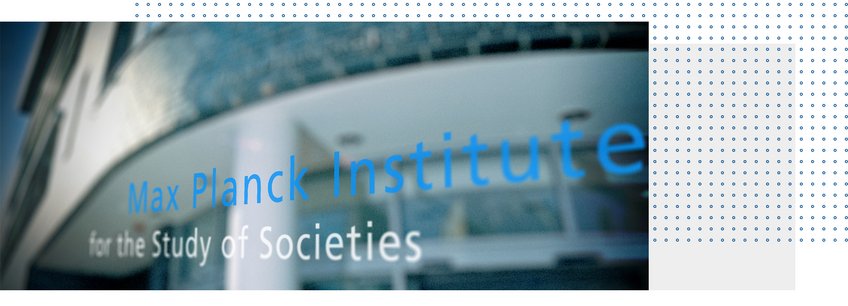 About the MPIfG Lettering “Max Planck Institute for the Study of Societies” in front of a blurred view of the entrance to the MPIfG building
