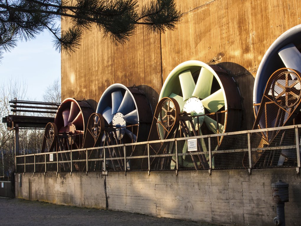Eine Reihe von vier großen Ventilatoren in verschiedenen Farben, montiert an einer Betonwand, umgeben von einem Geländer. Ein Baumast im Vordergrund.