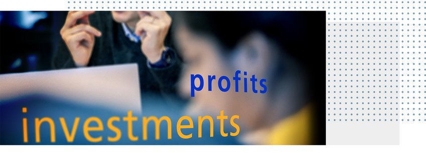 Political Economy Blurred professionals in discussion with large yellow "investments" and smaller blue "profits" text overlaying the image.