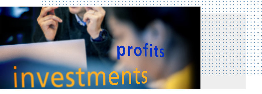 Political Economy Blurred professionals in discussion with large yellow "investments" and smaller blue "profits" text overlaying the image.
