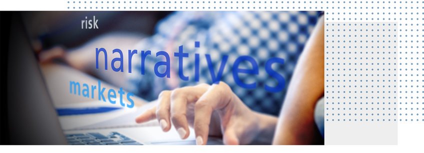 Economic Sociology Focused image of a person's hand on a laptop keyboard, with overlay text emphasizing the concepts of risk, narratives, and markets in bold blue letters.