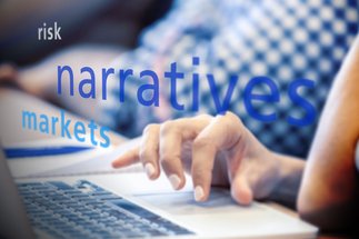 Focused image of a hand on a laptop keyboard, with overlaid text highlighting the concepts of risk, narrative, and markets in bold blue letters.