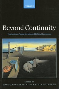The book cover of Beyond Continuity, edited by Wolfgang Streeck and Kathleen Thelen, shows Salvador Dalí's painting featuring melting clocks.