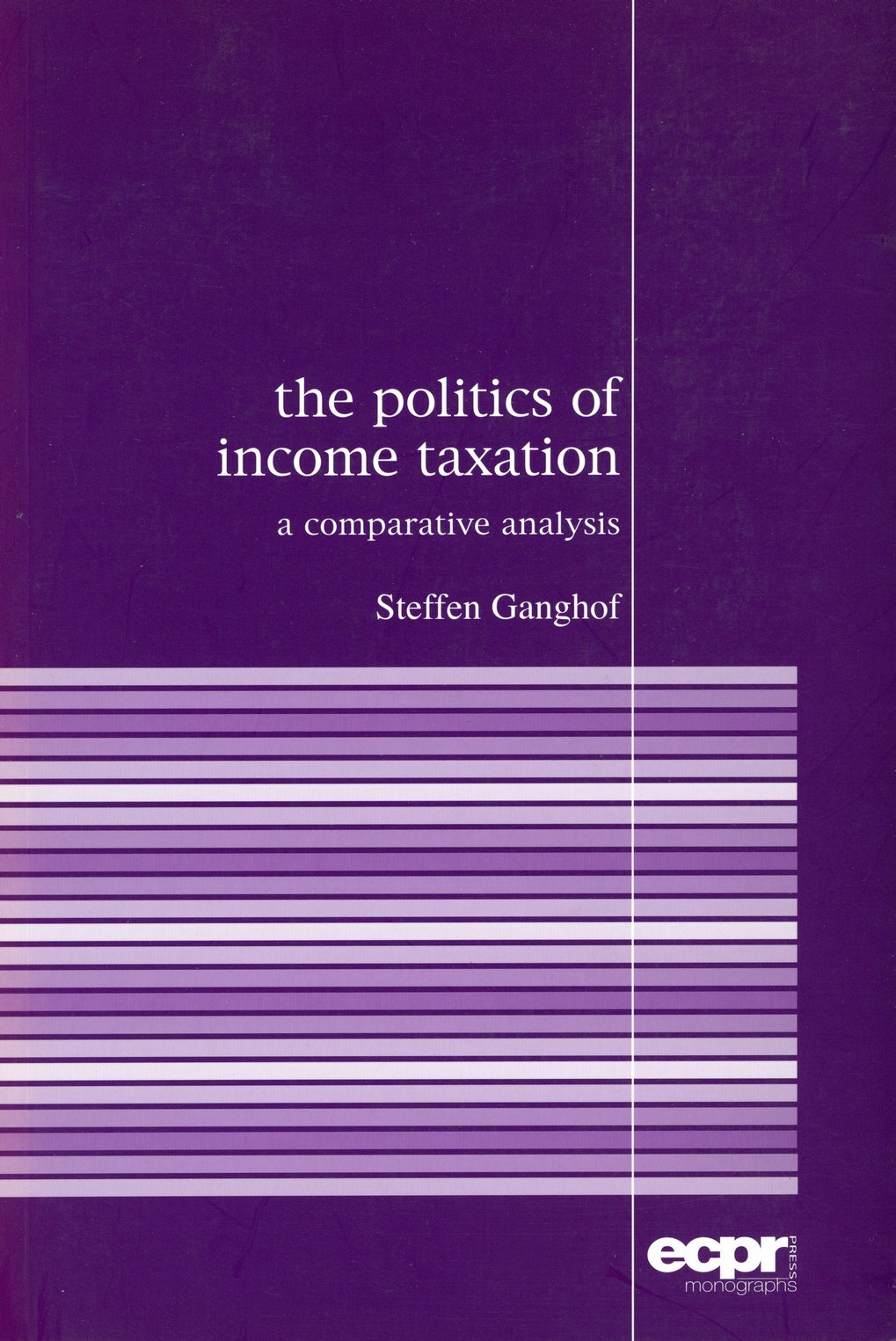Purple book cover with the title ‘The Politics of Income Taxation: A Comparative Analysis’ by Steffen Ganghof, illustrated with horizontal white and purple stripes.