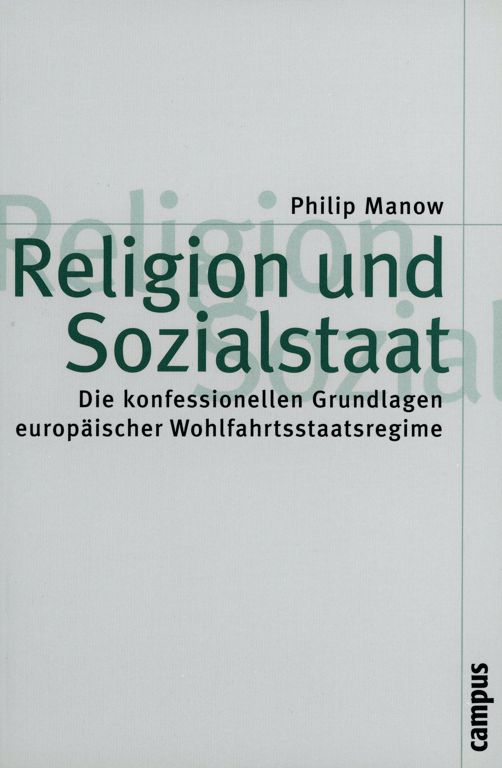 Book cover by Philip Manow: ‘Religion and the Welfare State’, which deals with the denominational foundations of European welfare states. Campus Verlag am Rand.