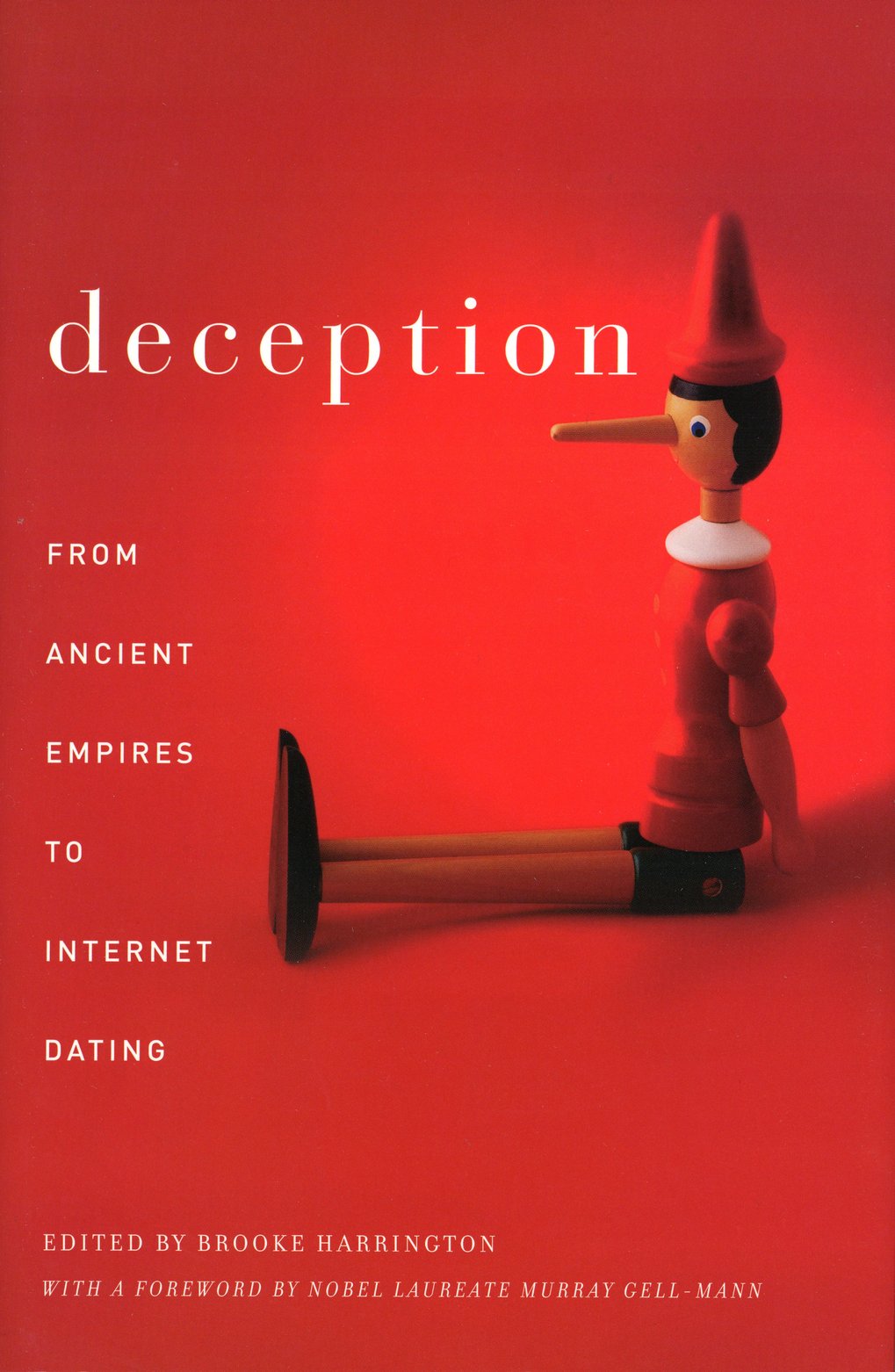 Book cover featuring Pinocchio and the title ‘Deception: From Ancient Empires to Internet Dating’, edited by Brooke Harrington, with a foreword by Murray Gell-Mann.