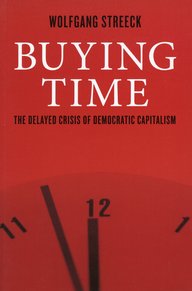 Book cover of Wolfgang Streeck's “Buying Time,” red background, white lettering, clock face shown pointing to 12 o'clock.