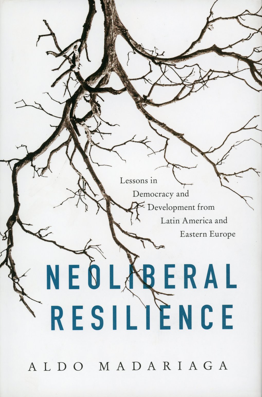 Book cover of ‘Neoliberal Resilience’ by Aldo Madariaga with graphic tree branches and text about democracy and development.