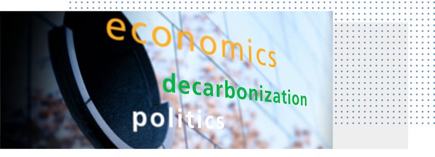 Contested Ecologies Illustrative image with text “economics/decarbonization/politics” in front of a blurred image of a building facade with a bull's-eye window