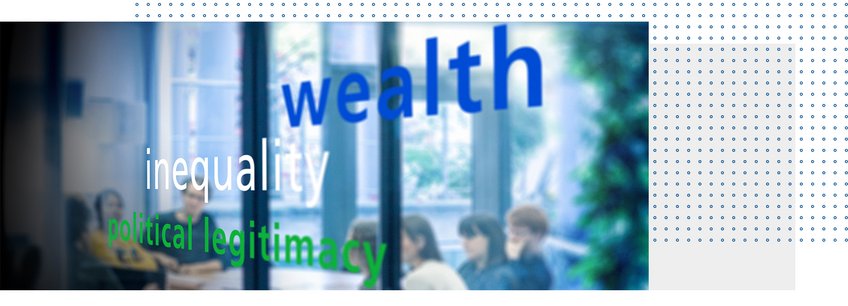 Wealth and Social Inequality Glass pane displays words wealth, inequality, political legitimacy; meeting in background with people partially visible.
