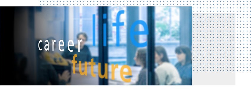 Job Openings The image shows a glass wall with the words "career, life, future" in bold letters, set against a backdrop of an office meeting room with individuals seated at a table, suggesting a professional environment.