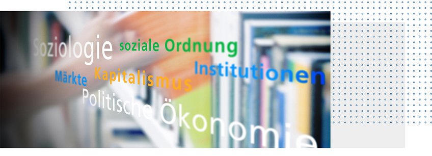 MPIfG-Publikationen Bildmotiv mit verschiedenen, verschwommen dargestellten farbigen Formen. Schriftzüge mit den Begriffen Soziologie, Politische Ökonomie, Institutionen, soziale Ordnung sind erkennbar.