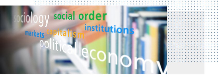 Researcher Publications The image features a blurred background with key concepts related to sociology and political economy, including words like "sociology," "social order," "capitalism," and "political economy," in various colors. A hand is reaching towards the words.