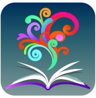 An open book with colorful, swirling decorative elements emerging from its pages.