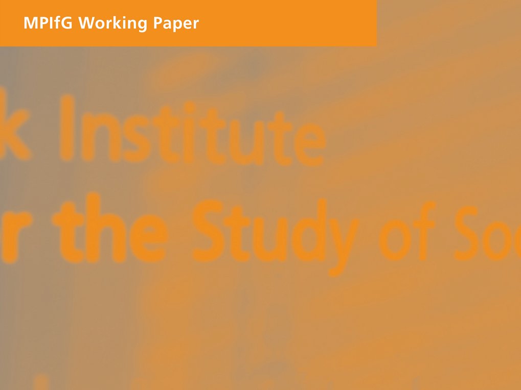Unscharfes Bild mit orangefarbenem Text „MPIfG Working Paper” und teilweise sichtbarem „Institute for the Study of Society”.