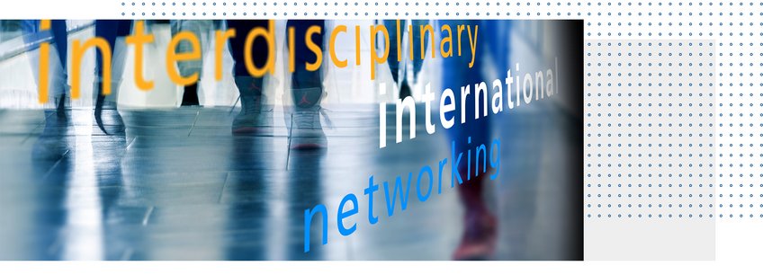 Visiting Researchers and Guests Several people are walking down a hallway; in the foreground, the words “exchange” in orange and “cooperation” in white are visible.