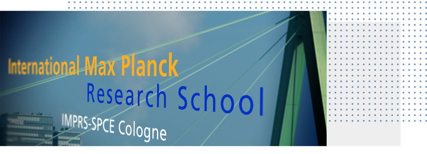 Doctoral Program Lettering of the International Max Planck Research School, IMPRS-SPCE Cologne, in front of a stylized image of the rope bridge and a building.